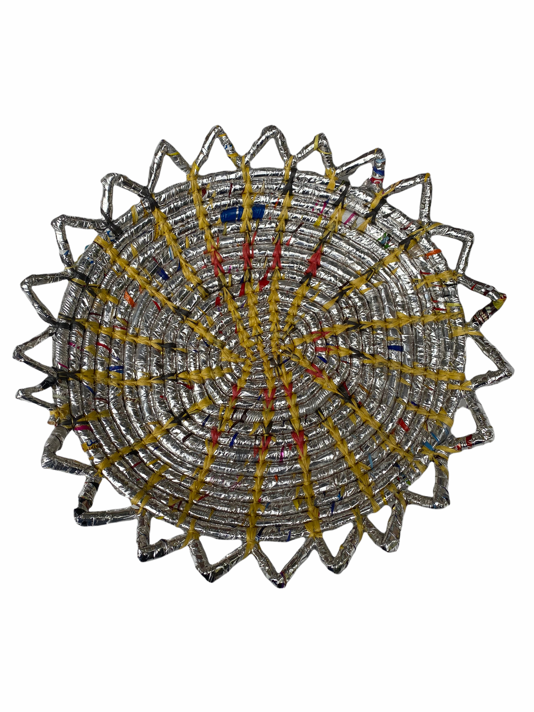 Recycled Metallic Platter Silver and Yellow stitches